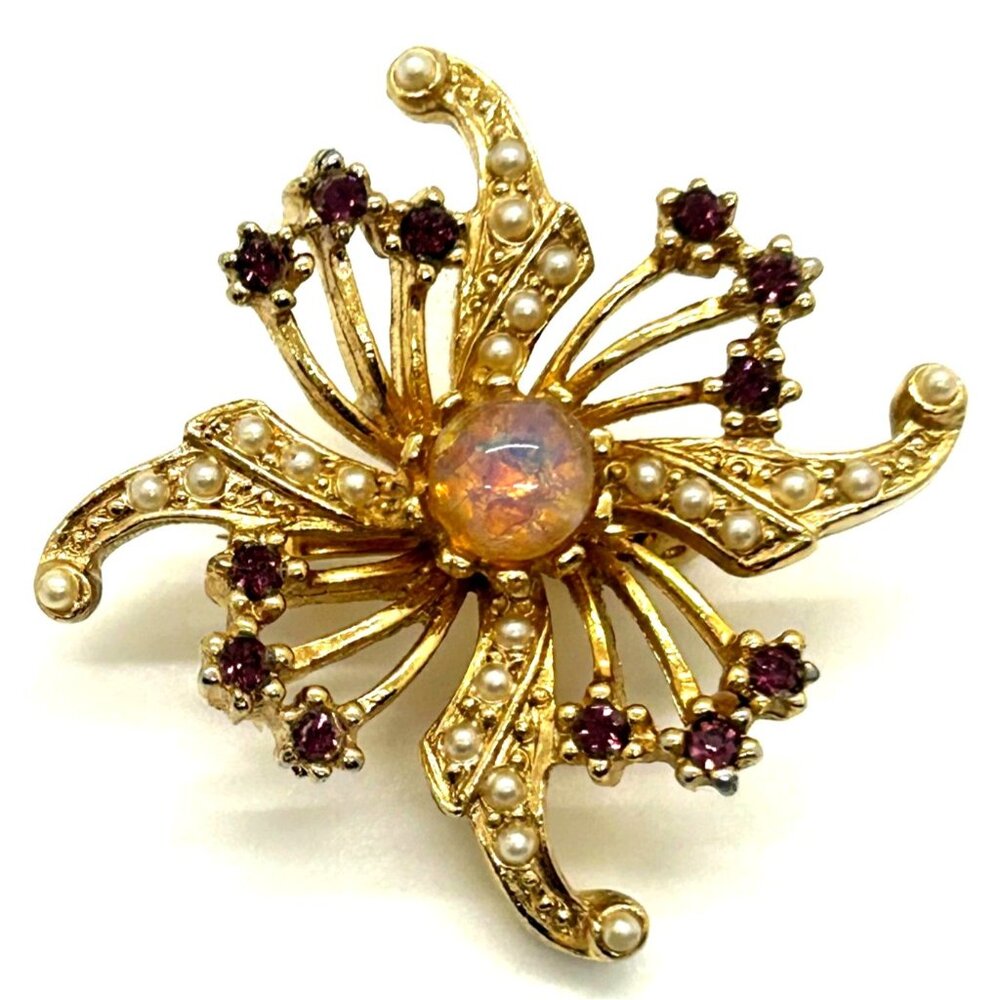 Vintage MCM Starburst Brooch Gold Tone Purple Rhinestone Faux Pearl Opal Triplet